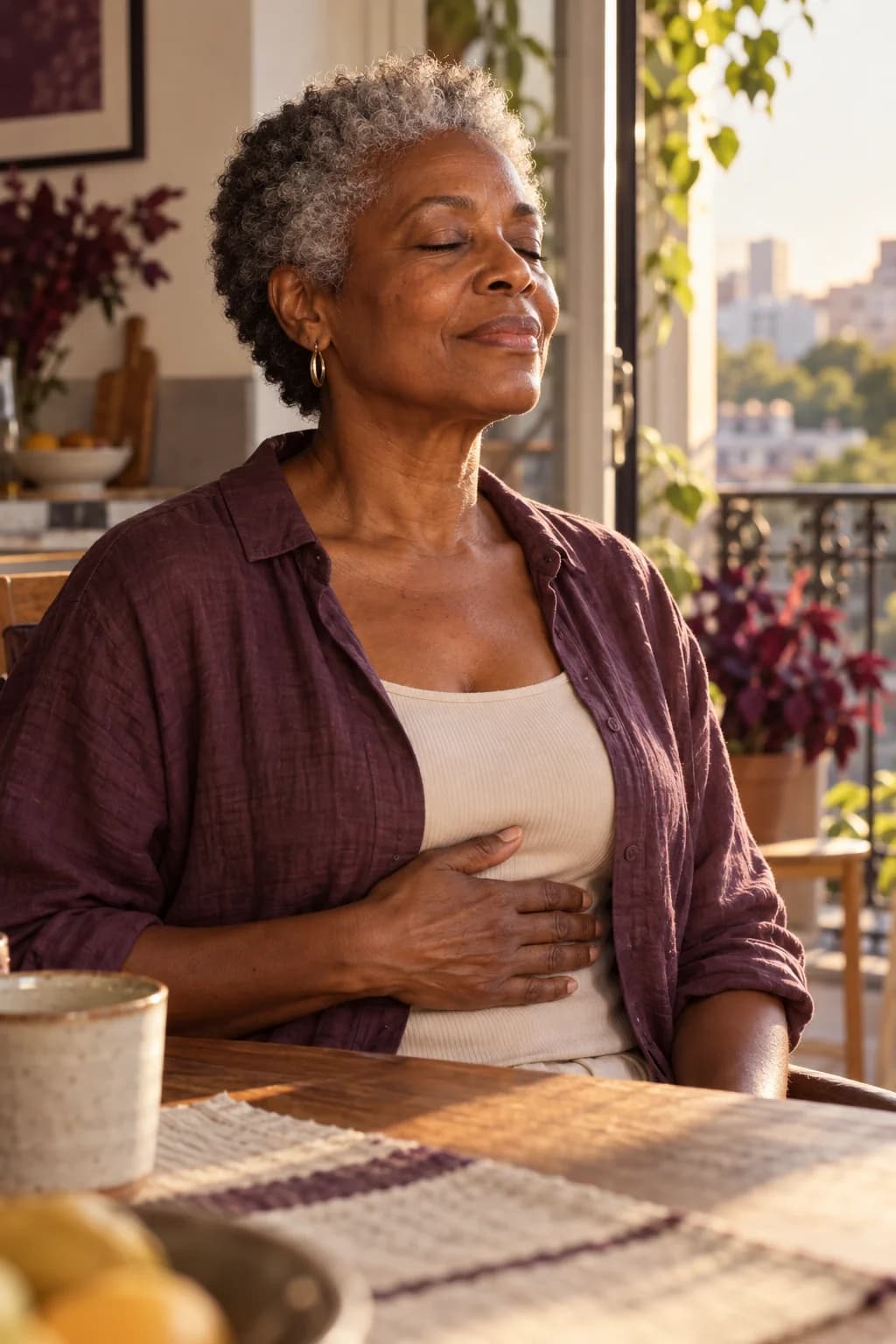 Uma pessoa faz uma pausa respiratória à mesa, com a mão apoiada sobre o abdômen.